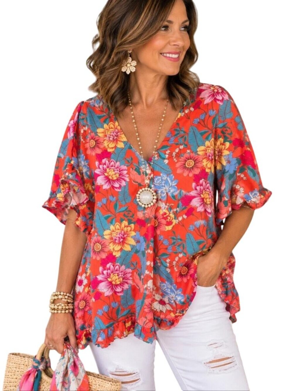 Umgee XL Coral Floral Ruffle Sleeve V Neck Boho Blouse Top